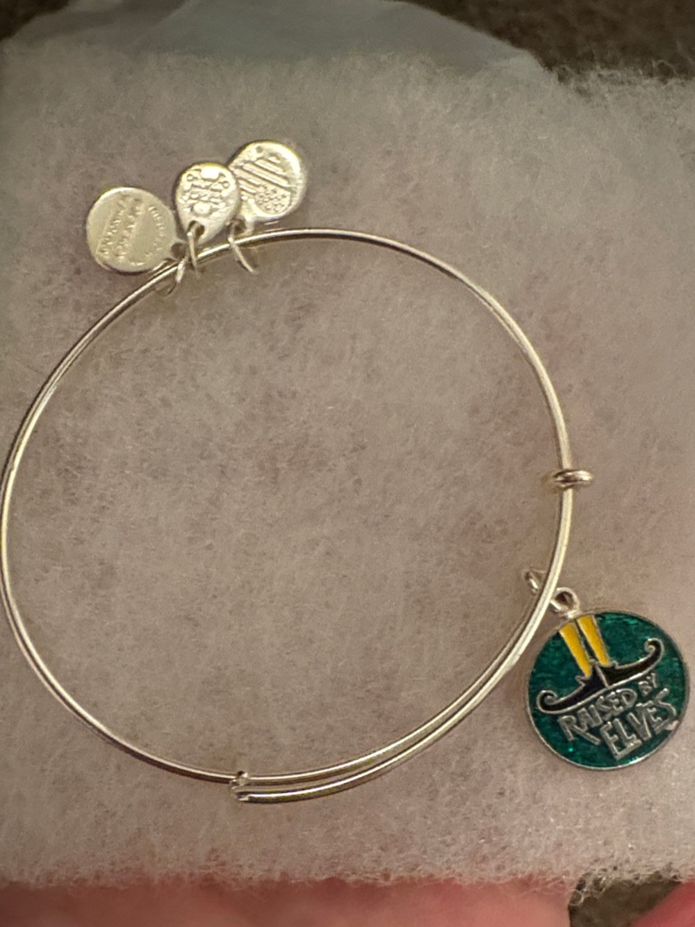 Alex and Ani Silver Toned Charm Bangle Bracelet with Green 'Raised by Elves'